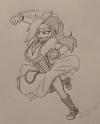 Size: 2840x3520 | Tagged: safe, artist:jargon scott, oc, oc only, oc:dyx, human, boots, cigarette, clothes, corset, dress, female, grayscale, gritted teeth, humanized, humanized oc, maid, monochrome, older, older dyx, pencil drawing, punch, shoes, solo, teeth, traditional art