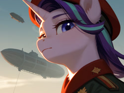 Size: 1920x1440 | Tagged: safe, ai content, editor:derp621, prompter:derp621, starlight glimmer, unicorn, g4, clothes, horn, kirov airship, looking at you, prompt in description, red alert 2, solo, uniform