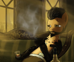 Size: 2298x1934 | Tagged: safe, artist:makc-hunter, cyborg, pony, adam jensen, alcohol, amputee, beard, clothes, couch, crossover, cybernetic legs, deus ex, deus ex: human revolution, drink, facial hair, glass, hoof hold, i never asked for this, mechanical hands, ponified, prosthetic eye, prosthetics, sitting, smoke, smoking, solo, video game, window