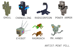 Size: 2743x1750 | Tagged: safe, artist:mint pill, changeling, ghoul, insect, robot, undead, armor, blockbench, fallout, minecraft, power armor