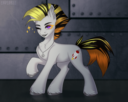 Size: 3000x2400 | Tagged: safe, artist:enderbee, oc, oc only, oc:zariyah backfire, earth pony, pony, amulet, blurry background, chaos star, female, jewelry, lipstick, mare, metal, scar, smiling, solo