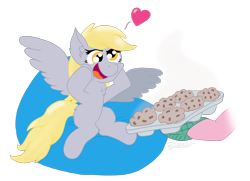 Size: 1866x1352 | Tagged: safe, artist:zeccy, derpy hooves, pegasus, pony, beanbag chair, chest fluff, food, heart, muffin, simple background, solo, transparent background