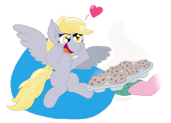 Size: 1866x1352 | Tagged: safe, artist:zeccy, derpy hooves, pegasus, pony, g4, atg 2024, beanbag chair, chest fluff, food, heart, muffin, newbie artist training grounds, simple background, solo, transparent background