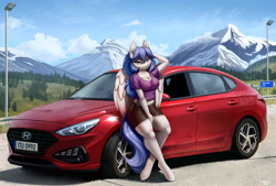 Size: 3500x2365 | Tagged: safe, artist:lightly-san, oc, oc only, oc:graceful motion, pegasus, anthro, unguligrade anthro, bedroom eyes, belly button, breasts, car, cleavage, clothes, commission, czech, female, hyundai, hyundai i30, leaning back, looking at you, mountain, pegasus oc, scenery, short shirt, smiling, solo, wings