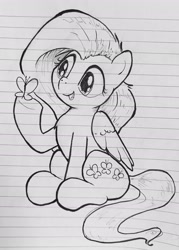 Size: 2160x3022 | Tagged: safe, artist:whiskeypanda, fluttershy, butterfly, pegasus, pony, g4, admiring, female, holding, ink drawing, lined paper, looking at butterfly, mare, monochrome, sitting, smiling, solo, traditional art