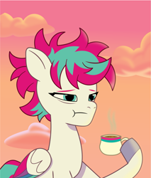 Size: 1531x1801 | Tagged: safe, artist:prixy05, zipp storm, pegasus, pony, g5, my little pony: tell your tale, coffee, coffee cup, cup, female, mare, messy mane, morning ponies, solo, sunrise, tired