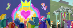 Size: 1868x720 | Tagged: safe, kazoo (g5), rarity, sunset shimmer, earth pony, pegasus, pony, unicorn, display of affection, equestria girls, g4, g5, my little pony equestria girls: better together, my little pony: tell your tale, sneaksy strikes again, spoiler:g5, crown, female, filly, foal, horn, jewelry, male, mare, regalia, stallion, street art