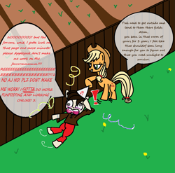 Size: 1791x1769 | Tagged: safe, artist:atomgatherer, derpibooru exclusive, applejack, oc, oc:atom gatherer, earth pony, pony, applejack's hat, big no, brown hoodie, chronically online, clothes, comic, cowboy hat, cutie mark, dandelion, exclamation point, farm, fence, field, freckles, funposting, grass, hat, irrigation, no, no tail, op finally touched grass, pants, pathetic, red pants, reeee, single panel, tallulah, tallulah (hat), tattoo, text, weeds