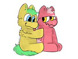 Size: 2160x1620 | Tagged: safe, artist:felixmcfurry, oc, oc only, oc:lemon lime (felixmcfurry), oc:shithead, earth pony, fluffy pony, pegasus, :p, blue eyes, duo, earth pony oc, fur, gay, hug, hug from behind, hugbox, male, pegasus oc, pink fur, sad, shading, ship:lemonhead, shipping, snot, tongue out, yellow eyes, yellow fur