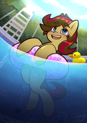 Size: 744x1052 | Tagged: safe, artist:chiefywiffy, oc, oc only, pony, floaty, inner tube, male, pool toy, rubber duck, stallion, stallion oc, swimming pool, underwater, water
