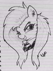 Size: 2045x2719 | Tagged: safe, artist:whiskeypanda, fluttershy, pegasus, pony, g4, /mlp/, clothes, ear piercing, eyeshadow, female, fluttergoth, ink drawing, jewelry, lined paper, looking at you, makeup, mare, monochrome, necktie, piercing, shirtless shirt collar, smiling, smiling at you, solo, traditional art