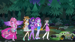 Size: 2156x1216 | Tagged: safe, octavia melody, oc, oc:crystal winter, oc:gihh bloonde, oc:music melody, oc:sci bella, equestria girls, g4, cars (pixar), chick hicks