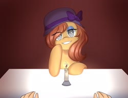 Size: 2048x1567 | Tagged: safe, artist:mariam00nlight, oc, oc:amber gleam, human, pegasus, pony, elements of justice, bow, candle, gradient background, hat, offscreen character, pov, table, tan coat
