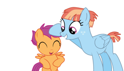 Size: 2340x1348 | Tagged: artist needed, safe, alternate version, anonymous artist, scootaloo, windy whistles, pegasus, pony, g4, ^^, adopted, adopted daughter, adopted offspring, alternate, alternate hairstyle, base used, cute, cutealoo, cuteness overload, daaaaaaaaaaaw, dialogue in the description, duo, duo female, eyes closed, female, filly, foal, freckles, grin, headcanon, headcanon in the description, mare, mother and child, mother and daughter, open mouth, open smile, parent:windy whistles, proud, ruffles, scootadoption, scootalove, simple background, smiling, sweet dreams fuel, white background, wholesome, windybetes