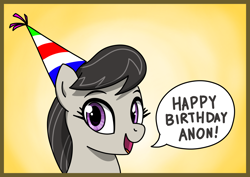Size: 2668x1884 | Tagged: safe, octavia melody, earth pony, pony, g4, birthday, cute, drawthread, female, happy birthday, hat, implied anon, looking at you, mare, party hat, raised eyebrows, solo, talking to viewer