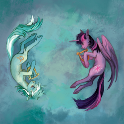 Size: 1800x1800 | Tagged: safe, artist:weird--fish, lyra heartstrings, twilight sparkle, alicorn, pony, unicorn, fanfic:background pony, fanfic:non-background pony: a song of twilight, g4, commission, duo, duo female, female, horn, lying down, lyre, musical instrument, twilight sparkle (alicorn)