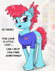 Size: 1350x1756 | Tagged: safe, artist:chopsticks, oc, oc only, oc:ellen, earth pony, pony, g4, adorkable twilight and friends fanart, cashier, cheek fluff, chest fluff, clothes, cute, dialogue, ear fluff, ear piercing, earring, female, freckles, jewelry, looking at you, mare, name tag, open mouth, piercing, ponytail, shirt, solo, solo female, unshorn fetlocks