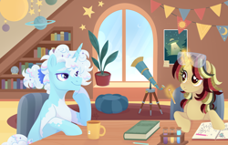 Size: 5500x3500 | Tagged: safe, artist:kabuvee, oc, oc only, pony, unicorn, banner, book, bookshelf, chair, colored eyelashes, duo, ethereal mane, goggles, goggles on head, horn, levitation, lidded eyes, magic, magic aura, mug, notebook, pencil, ponytail, potted plant, purple eyelashes, sparkly mane, starry mane, table, telekinesis, telescope, test tube, unicorn oc, window