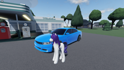 Size: 1858x1057 | Tagged: safe, rarity, pony, unicorn, g4, 3d, car, dodge charger, female, game screencap, gas station, horn, house, long legs, roblox, solo, tree, twisted (game), vehicle