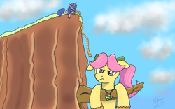 Size: 1920x1200 | Tagged: safe, artist:addelum, izzy moonbow, posey bloom, earth pony, pony, unicorn, g5, adoraposey, angry, atg 2024, cliff, cute, female, horn, madorable, mare, newbie artist training grounds, posey bloom is not amused, posey can't catch a break, rope, tree branch, unamused