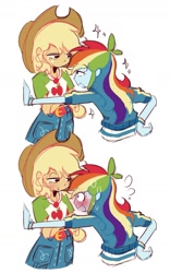 Size: 1095x1755 | Tagged: safe, artist:appledash3r_, applejack, rainbow dash, equestria girls, g4, 2 panel comic, applejack's hat, belt, blonde hair, blue skin, blushing, blushing profusely, clothes, colored, colored sketch, comic, cowboy hat, crossed arms, denim, denim skirt, duo, duo female, eyelashes, female, flat colors, flirting, flustered, freckles, frown, hand on wall, hat, jacket, lesbian, lidded eyes, looking at each other, looking at someone, multicolored hair, narrowed eyes, no catchlights, open mouth, orange skin, rainbow hair, ship:appledash, shipping, shirt, shrunken pupils, simple background, sketch, skirt, smiling, smiling at each other, sparkles, sweat, sweatdrop, sweating profusely, t-shirt, tied hair, track jacket, white background, wide eyes, wristband, you tried