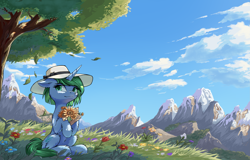 Size: 4341x2783 | Tagged: safe, artist:qwq2233, oc, oc:onia, pony, unicorn, bouquet, ear fluff, flower, fluffy, hat, horn, leaf, mountain, scenery, sitting, sun hat, sunflower, tree