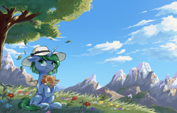 Size: 4341x2783 | Tagged: safe, artist:qwq2233, oc, oc only, oc:onia, pony, unicorn, bouquet, ear fluff, flower, fluffy, hat, horn, leaf, leaves, mountain, scenery, sitting, solo, sun hat, sunflower, tree