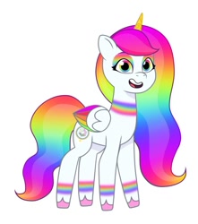 Size: 640x725 | Tagged: safe, artist:jazzhooves, oc, oc only, oc:rainbow light, alicorn, pony, g5, my little pony: tell your tale, alicorn oc, colored wings, eyeshadow, female, folded wings, horn, makeup, multicolored hair, multicolored wings, open mouth, open smile, rainbow eyes, rainbow eyeshadow, rainbow hair, rainbow wings, simple background, smiling, solo, white background, wings