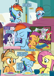 Size: 1920x2715 | Tagged: safe, artist:alexdti, apple bloom, applejack, fluttershy, rainbow dash, rarity, scootaloo, sweetie belle, earth pony, pegasus, pony, unicorn, comic:how we met, g4, comic, cutie mark crusaders, dialogue, female, filly, filly rainbow dash, horn, scooter, self paradox, self ponidox, sneezing, younger