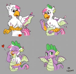 Size: 1280x1243 | Tagged: safe, artist:foxxy-arts, artist:hornbuckle, spike, oc, oc:foxxy hooves, dragon, hippogriff, g4, age regression, blushing, eye color change, eyes closed, feather, female to male, gray background, heart, hippogriff oc, hippogriff to dragon, open mouth, open smile, simple background, smiling, solo, transformation, transformation sequence, transgender transformation, winged spike, wings, younger