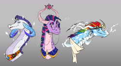 Size: 6409x3488 | Tagged: safe, artist:chub-wub, rainbow dash, rarity, twilight sparkle, dragon, absurd resolution, bust, clothes, dragoness, dragonified, element of magic, female, glasses, goggles, goggles on head, gradient background, grin, horns, lightning, rainbow dragon, raridragon, round glasses, scarf, smiling, sparkles, species swap, trio, trio female, twilidragon
