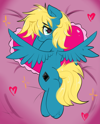 Size: 2091x2600 | Tagged: safe, artist:kristina, oc, pegasus, pony, commission, cute, heart, heart pillow, pillow, sexy, shy, spread wings, wings, ych result