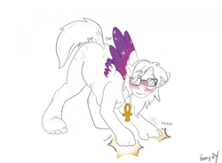Size: 2238x1646 | Tagged: safe, artist:foxxy-arts, oc, oc only, oc:solstice, alicorn, human, pony, alicorn oc, ankh, blushing, colored wings, eye clipping through hair, female, fingers fusing, glasses, gradient wings, horn, human to pony, jewelry, lip bite, mid-transformation, multicolored wings, necklace, onomatopoeia, simple background, solo, transformation, white background, wing growth, wings