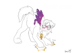 Size: 2238x1646 | Tagged: safe, artist:foxxy-arts, oc, oc only, oc:solstice, alicorn, human, pony, alicorn oc, ankh, blushing, colored wings, eye clipping through hair, female, fingers fusing, glasses, gradient wings, horn, horn growth, human to pony, jewelry, lip bite, mid-transformation, multicolored wings, necklace, onomatopoeia, simple background, solo, transformation, white background, wing growth, wings