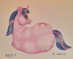 Size: 2726x2215 | Tagged: safe, artist:soobel, twilight sparkle, unicorn, g4, atg 2024, fat, newbie artist training grounds, obese, traditional art, twilard sparkle, unicorn twilight