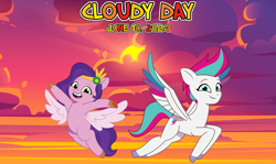 Size: 2064x1227 | Tagged: safe, artist:not-yet-a-brony, artist:prixy05, pipp petals, zipp storm, pegasus, g5, 2024, cloud, duo, female, flying, june, lyrics in the description, mare, movie reference, siblings, sisters, smiling, song in the description, song reference, sun, sunset, youtube link in the description