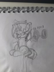 Size: 3000x4000 | Tagged: safe, artist:kenzie, derpibooru exclusive, dj pon-3, vinyl scratch, pony, unicorn, g4, black and white, ear piercing, female, glasses, grayscale, horn, looking at you, magic, magic aura, mare, monochrome, pencil drawing, piercing, sitting, solo, sunglasses, telekinesis, traditional art, vinyl's glasses