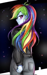 Size: 1269x2048 | Tagged: safe, artist:pulse, rainbow dash, human, equestria girls, g4, abstract background, butt, clothes, denim, ear piercing, female, jeans, looking at you, looking back, looking back at you, pants, piercing, rainbutt dash, rear view, smiling, solo, sweater, turtleneck