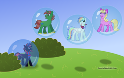 Size: 3043x1906 | Tagged: safe, artist:sorasleafeon, oc, oc only, oc:angel, oc:perfume sparkle, oc:prism light, oc:shadow sora, blue eyes, blue sky, bow, bubble, bush, clothes, floating, looking back, looking up, magic, magic aura, magic bubble, multiple characters, neckerchief, scarf, smiling