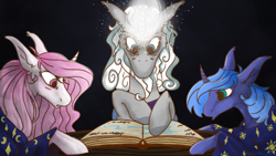 Size: 1920x1080 | Tagged: safe, artist:mellow-mare, princess celestia, princess luna, star swirl the bearded, pony, book, pink-mane celestia, s1 luna