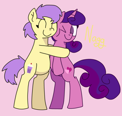 Size: 2656x2540 | Tagged: safe, artist:naggfruit, berry sweet, laced hearts, pony, bipedal, crack shipping, duo, duo female, female, friendship student, hug, lesbian, no pupils, ship:lacedberry, shipping, simple background