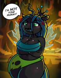 Size: 997x1266 | Tagged: safe, artist:erichkaofficial, queen chrysalis, anthro, belly button, breasts, cross-popping veins, emanata, solo