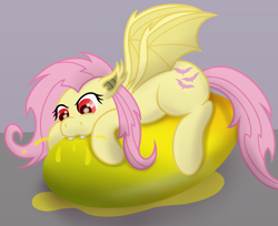 Size: 3400x2774 | Tagged: safe, artist:sweetielover, fluttershy, bat pony, pony, g4, atg 2024, bat ponified, biting, female, flutterbat, food, giant food, high res, juice, mango, newbie artist training grounds, race swap, simple background, solo, spread wings, wings