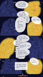 Size: 1000x1800 | Tagged: safe, artist:sleeplesseevee, princess luna, sunset shimmer, alicorn, pony, unicorn, fanfic:the return of midnight sparkle, g4, atg 2024, comic, crown, dialogue, dream realm, dream walker luna, dreamscape, duo, duo female, fanfic, fanfic art, female, horn, jewelry, looking at each other, looking at someone, mare, newbie artist training grounds, regalia, sad, speech bubble, talking