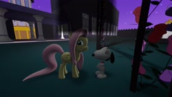 Size: 3840x2160 | Tagged: safe, artist:wissle, fluttershy, dog, pegasus, pony, g4, 3d, atg 2024, bipedal, canterlot, duo, female, looking at you, mare, newbie artist training grounds, night, peanuts (comic), snoopy, source filmmaker