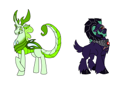 Size: 1414x1000 | Tagged: safe, artist:zetikoopa, oc, oc only, oc:draven la fay/no heart, oc:king scorpio, changeling, sheep, g4, duo, green changeling, male, ram, reformed, scar, simple background, smiling, tired, transparent background