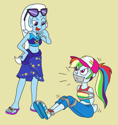 Size: 2199x2330 | Tagged: safe, artist:bugssonicx, rainbow dash, trixie, human, equestria girls, g4, bondage, bound and gagged, duo, emanata, gag, tape, tape gag, tied up