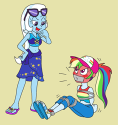 Size: 2199x2330 | Tagged: safe, alternate version, artist:bugssonicx, rainbow dash, trixie, human, equestria girls, g4, blushing, bondage, bound and gagged, duo, duo female, emanata, female, gag, red face, tape, tape gag, tied up