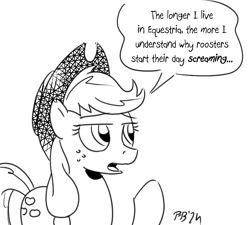 Size: 751x675 | Tagged: safe, artist:pony-berserker edits, edit, editor:modus_ponens, applejack, g4, black and white, complaining, cynicism, fed up, grayscale, internal screaming, irritated, monochrome, reaction image, simple background, sketch, solo, suffering, tired, unamused, white background