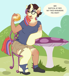 Size: 943x1035 | Tagged: safe, artist:hornbuckle, moondancer, human, pony, unicorn, g4, bite mark, burger, chair, clothes, dialogue, eating, female, food, glasses, happy, hay burger, horn, human to pony, mid-transformation, mushroom table, open mouth, open smile, ripping clothes, shirt, shoes, shorts, sitting, smiling, socks, solo, speech bubble, table, transformation
